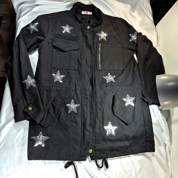 Buddy Love Black Sequin Star Military Utility Jacket Cotton Canvas Parker Cargo - Picture 5 of 13
